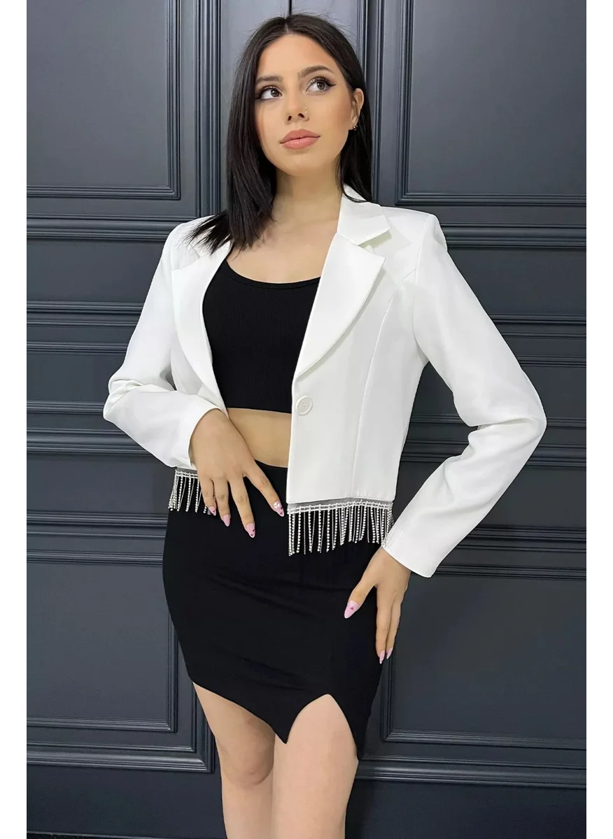 Gülseli Women's Fringed Stone Slim Fit Crop Blazer Jacket