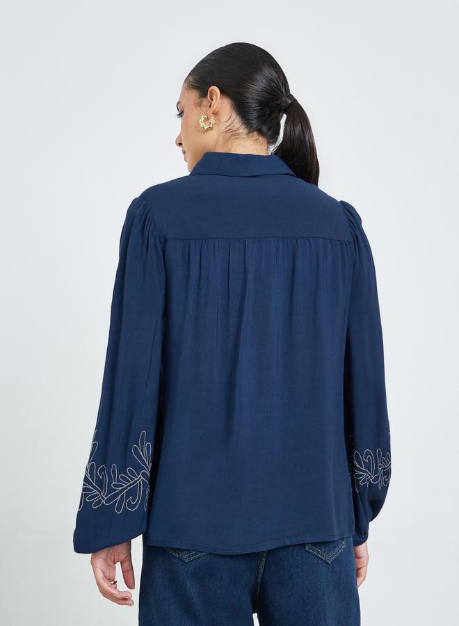 Styli Navy Blue Embroidered Cuff Sleeve Shirt - Image 5