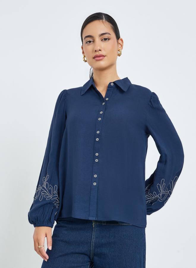 Styli Navy Blue Embroidered Cuff Sleeve Shirt - Image 3