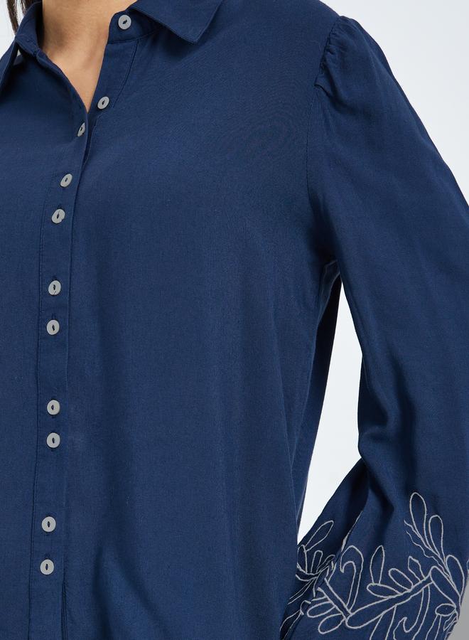 Styli Navy Blue Embroidered Cuff Sleeve Shirt - Image 4