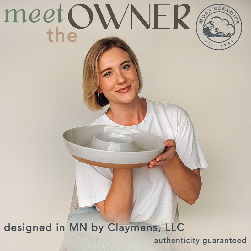 Mora Ceramic Chips and Dip Serving Tray: Large Divided Party Bowl Set for Chips & Salsa, Veggies & Dip, Fruit, Snacks, Entertaining, Hosting, etc. Minimalist Design for the Modern Hostess - Earl Grey - Image 3