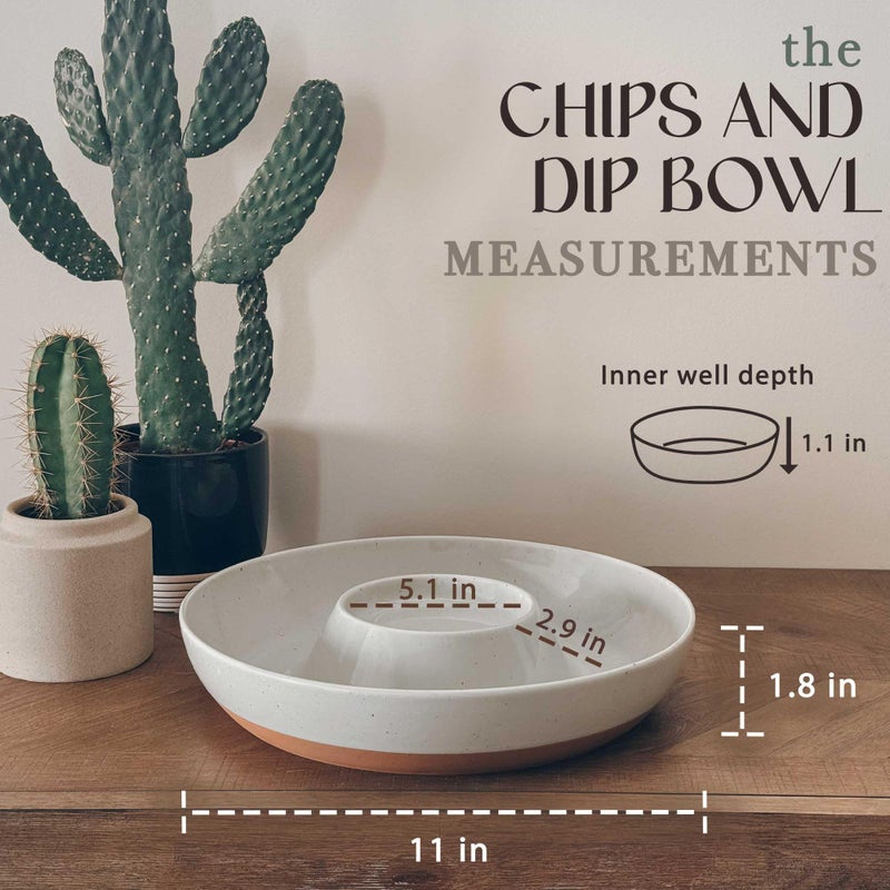 Mora Ceramic Chips and Dip Serving Tray: Large Divided Party Bowl Set for Chips & Salsa, Veggies & Dip, Fruit, Snacks, Entertaining, Hosting, etc. Minimalist Design for the Modern Hostess - Earl Grey - Image 2