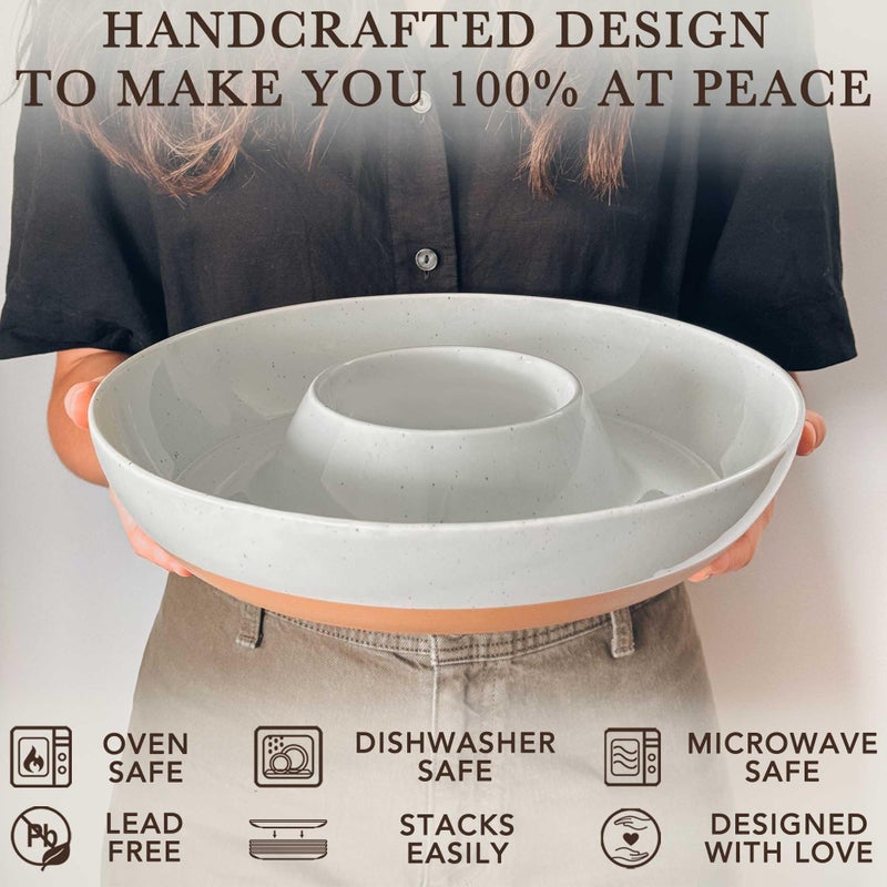 Mora Ceramic Chips and Dip Serving Tray: Large Divided Party Bowl Set for Chips & Salsa, Veggies & Dip, Fruit, Snacks, Entertaining, Hosting, etc. Minimalist Design for the Modern Hostess - Earl Grey - Image 4