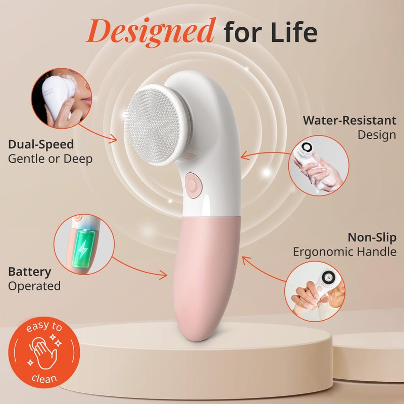 Vanity Planet Raedia Daily Facial Cleansing Brush with 4 Interchangeable Brush Heads by Vanity Planet - Handheld, Lightweight for Glowing Skin - Water Resistant Face Exfoliator - Dusty Pink - Image 3
