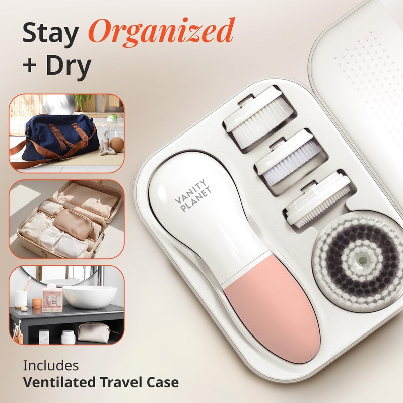 Vanity Planet Raedia Daily Facial Cleansing Brush with 4 Interchangeable Brush Heads by Vanity Planet - Handheld, Lightweight for Glowing Skin - Water Resistant Face Exfoliator - Dusty Pink - Image 5