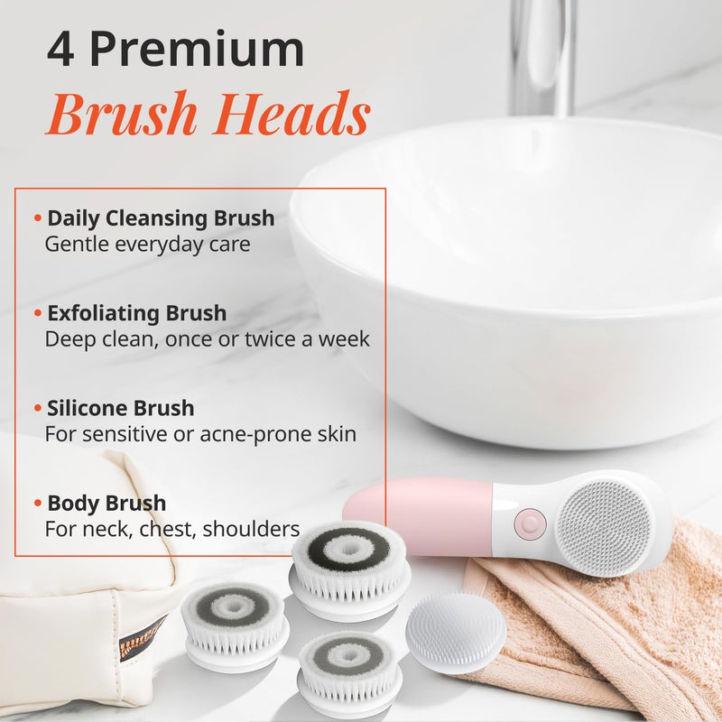 Vanity Planet Raedia Daily Facial Cleansing Brush with 4 Interchangeable Brush Heads by Vanity Planet - Handheld, Lightweight for Glowing Skin - Water Resistant Face Exfoliator - Dusty Pink - Image 4