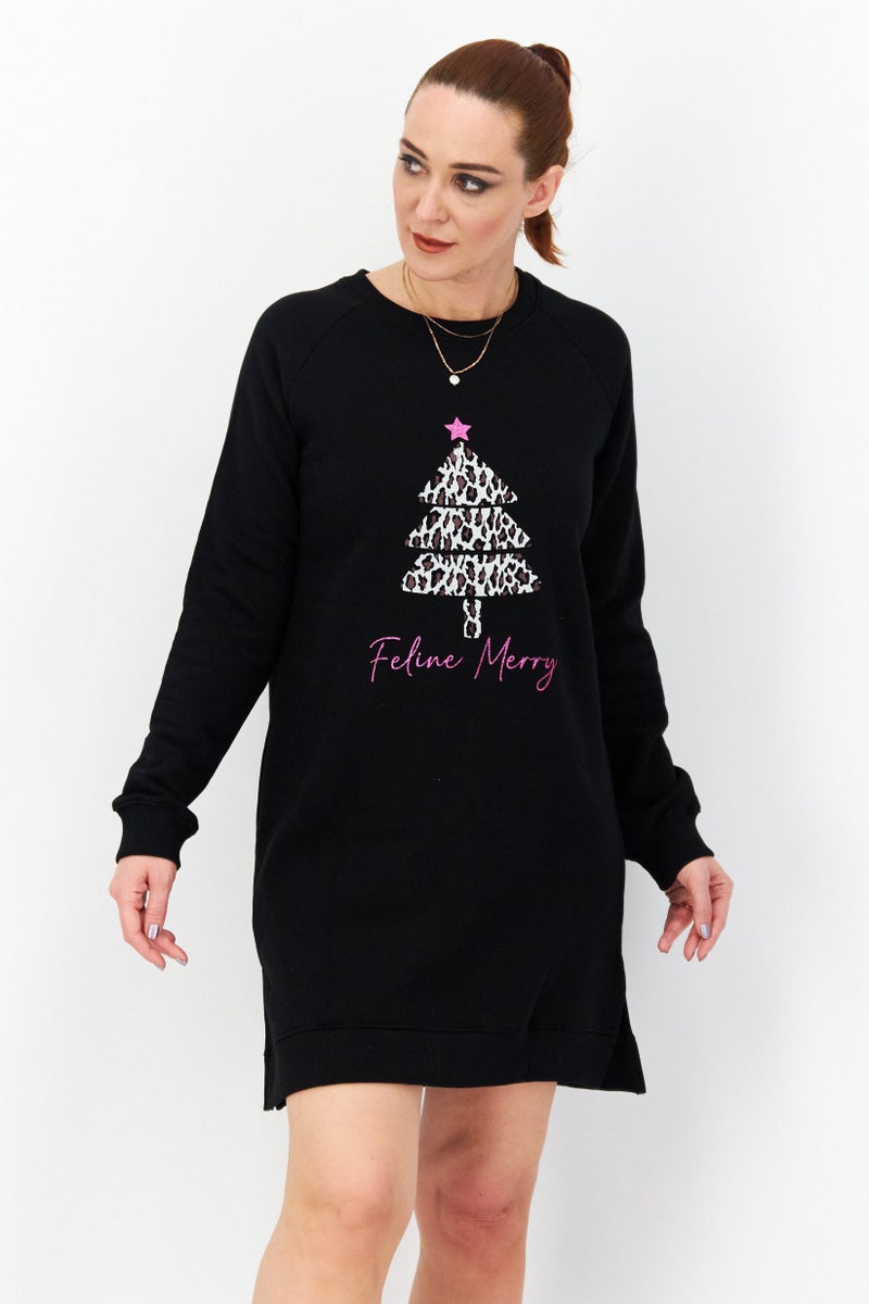 Threadbare Women Crew Neck Graphic Sweater Dress, Black - Image 1