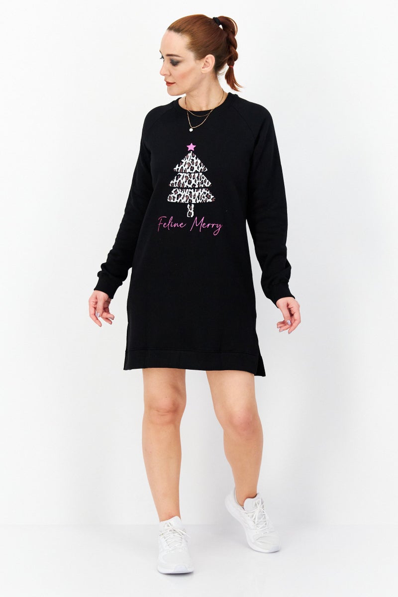 Threadbare Women Crew Neck Graphic Sweater Dress, Black - Image 4