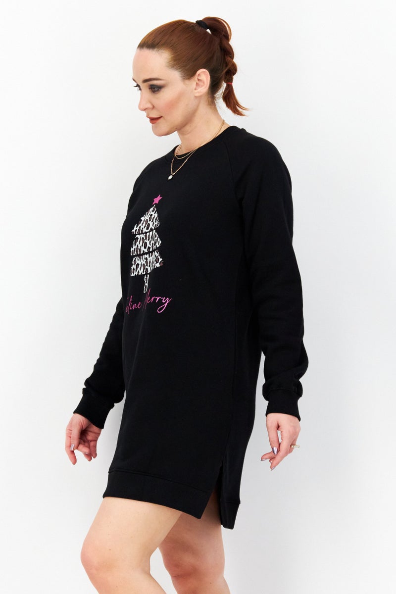 Threadbare Women Crew Neck Graphic Sweater Dress, Black - Image 3