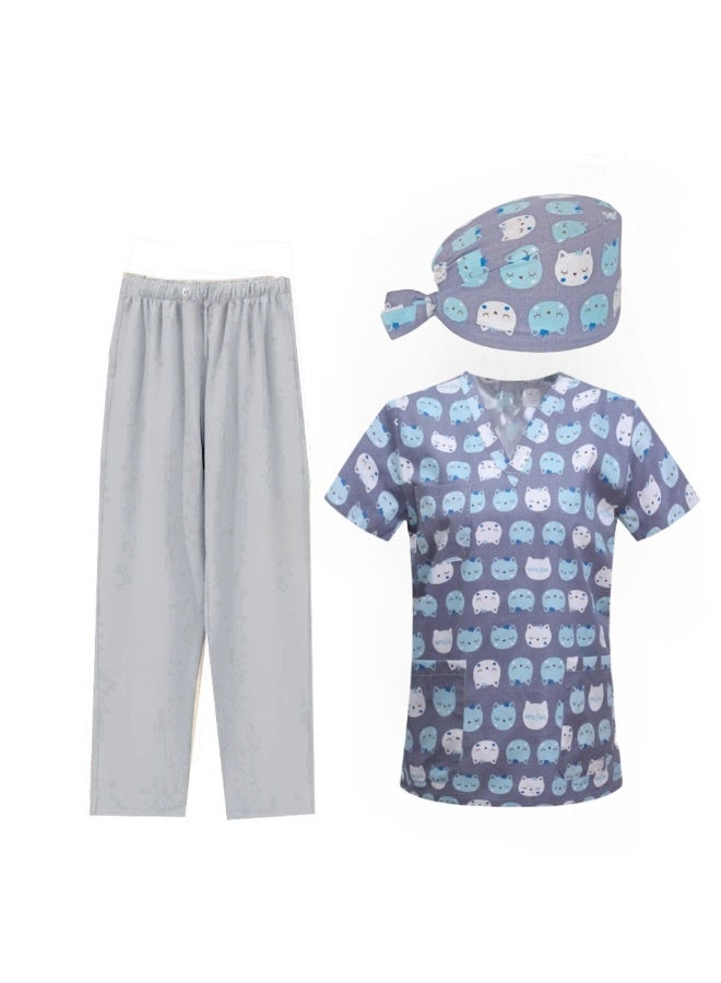 Loquat Womens Medical Scrubs Set Medical Uniform Set Cat with a Blue Face on a Gray Background - Image 1