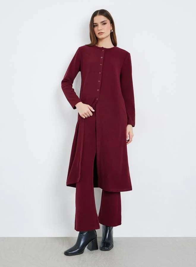 Styli Women Burgundy Midi Knit Top and Pants Co-ords