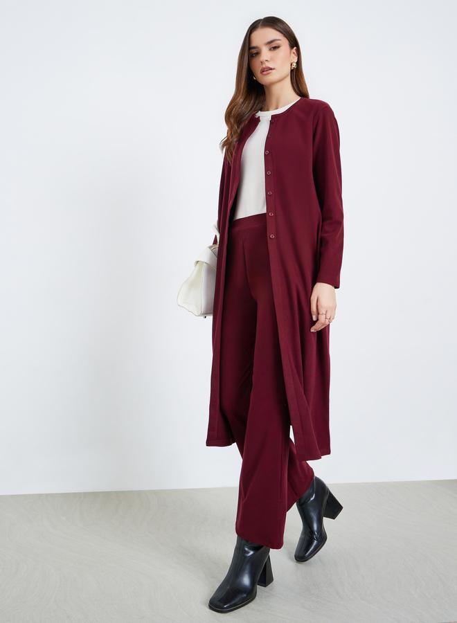 Styli Women Burgundy Midi Knit Top and Pants Co-ords - Image 1