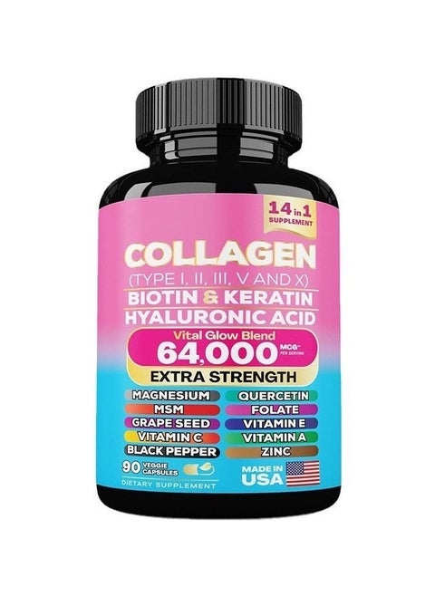 Collagen Pills Peptides Types I, II, III, V & X MCG Biotin Keratin Hyaluronic Acid MSM Vitamin A Vitamin C Vitamin E Folic Acid Zinc Magnesium with Grape Seed Extract, Quercetin 90 Caps