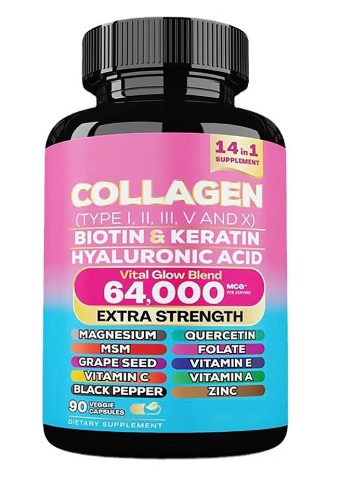 Collagen Collagen Pills Peptides Types I, II, III, V & X MCG Biotin Keratin Hyaluronic Acid MSM Vitamin A Vitamin C Vitamin E Folic Acid Zinc Magnesium with Grape Seed Extract, Quercetin 90 Caps - Image 1