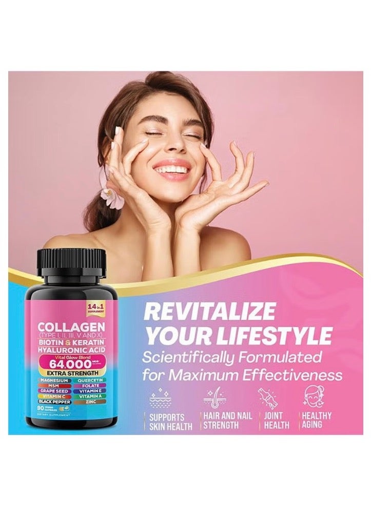 Collagen Collagen Pills Peptides Types I, II, III, V & X MCG Biotin Keratin Hyaluronic Acid MSM Vitamin A Vitamin C Vitamin E Folic Acid Zinc Magnesium with Grape Seed Extract, Quercetin 90 Caps - Image 3