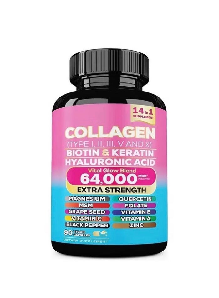 Collagen Collagen Pills Peptides Types I, II, III, V & X MCG Biotin Keratin Hyaluronic Acid MSM Vitamin A Vitamin C Vitamin E Folic Acid Zinc Magnesium with Grape Seed Extract, Quercetin 90 Caps - Image 2