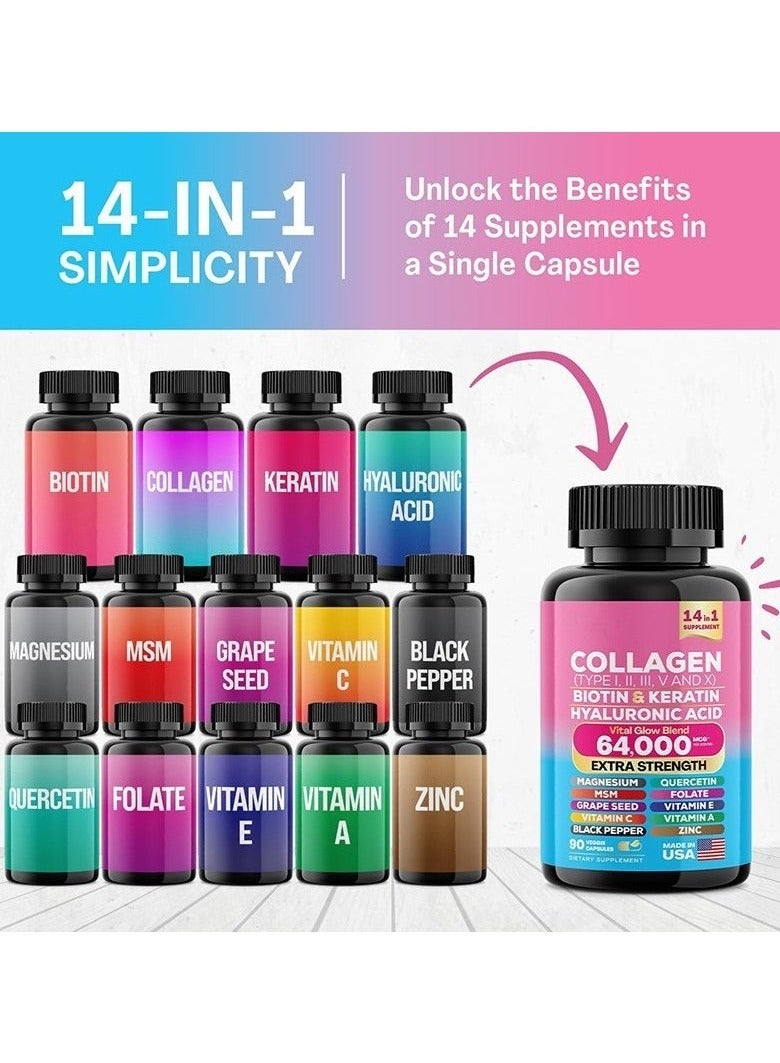 Collagen Collagen Pills Peptides Types I, II, III, V & X MCG Biotin Keratin Hyaluronic Acid MSM Vitamin A Vitamin C Vitamin E Folic Acid Zinc Magnesium with Grape Seed Extract, Quercetin 90 Caps - Image 5