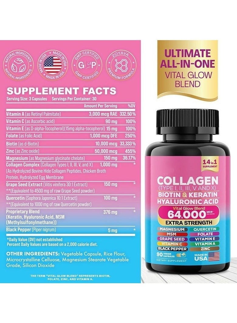 Collagen Collagen Pills Peptides Types I, II, III, V & X MCG Biotin Keratin Hyaluronic Acid MSM Vitamin A Vitamin C Vitamin E Folic Acid Zinc Magnesium with Grape Seed Extract, Quercetin 90 Caps - Image 4