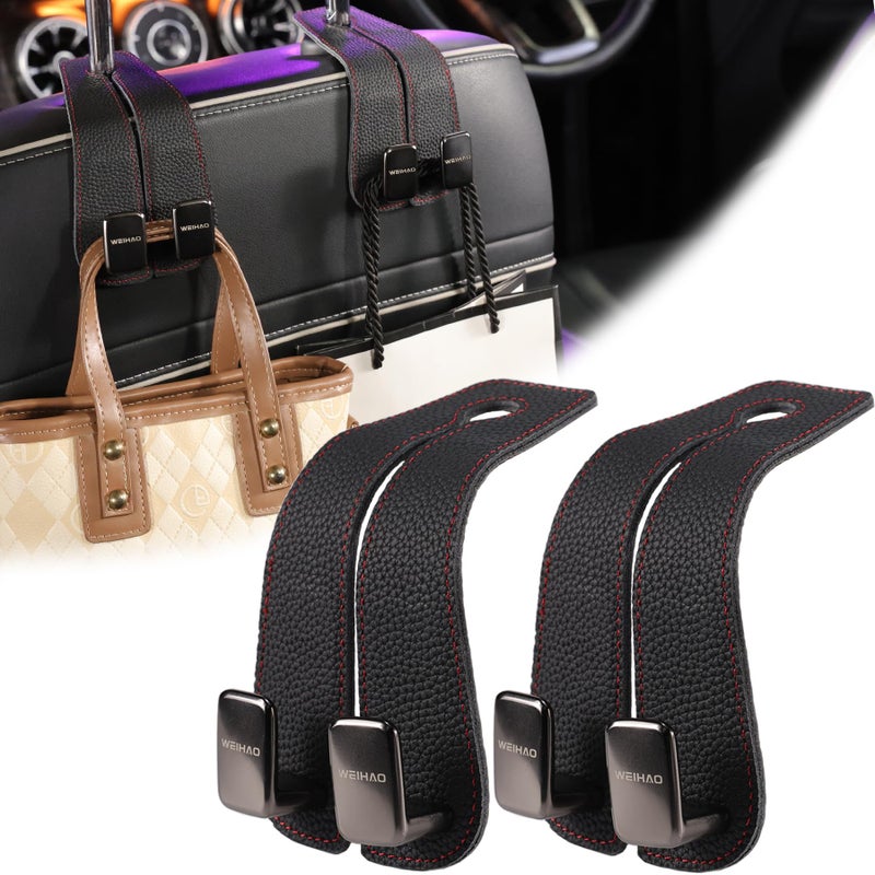 WEIHAO Car Purse Hook, Genuine Leather Car Seat Back Storage Hook, Purse Hook for Car Headrest, Twin Hook Leather Car Headrest Hangers, Bag Hook for Car, Trucks, SUVs, Most Vehicles (Black-2 PCS) - Image 1