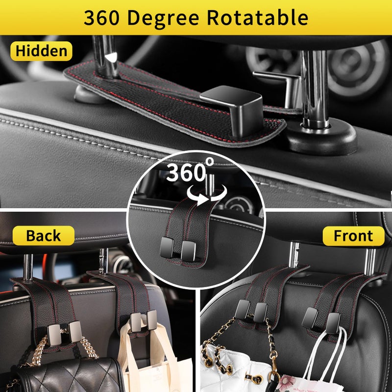 WEIHAO Car Purse Hook, Genuine Leather Car Seat Back Storage Hook, Purse Hook for Car Headrest, Twin Hook Leather Car Headrest Hangers, Bag Hook for Car, Trucks, SUVs, Most Vehicles (Black-2 PCS) - Image 3