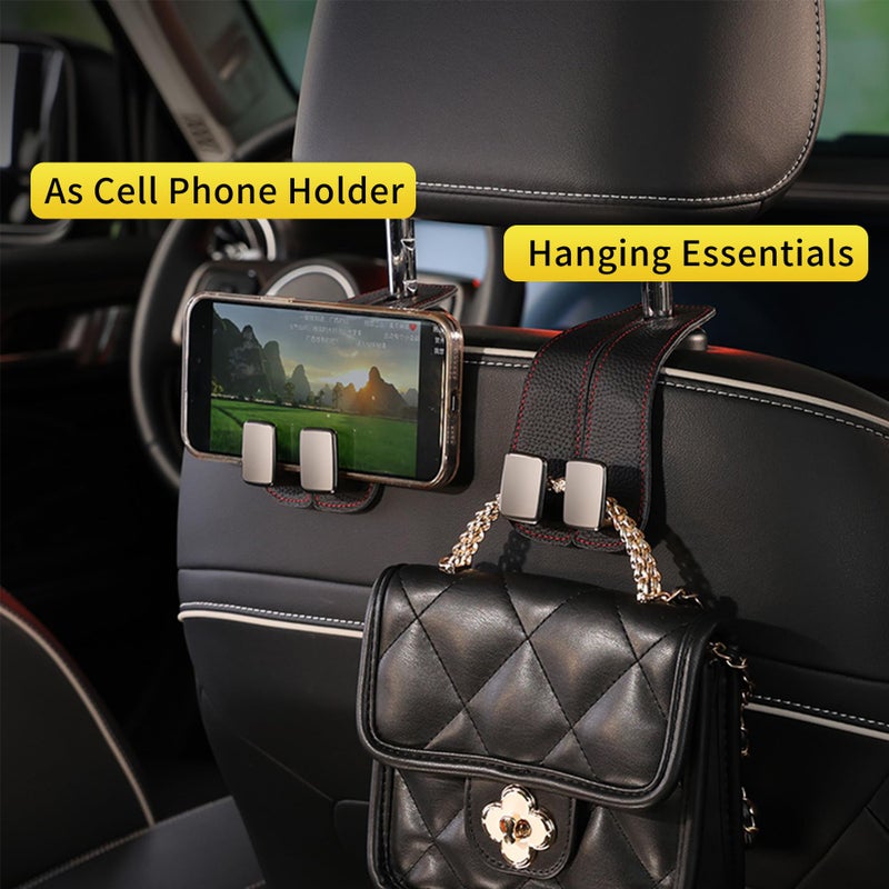 WEIHAO Car Purse Hook, Genuine Leather Car Seat Back Storage Hook, Purse Hook for Car Headrest, Twin Hook Leather Car Headrest Hangers, Bag Hook for Car, Trucks, SUVs, Most Vehicles (Black-2 PCS) - Image 2