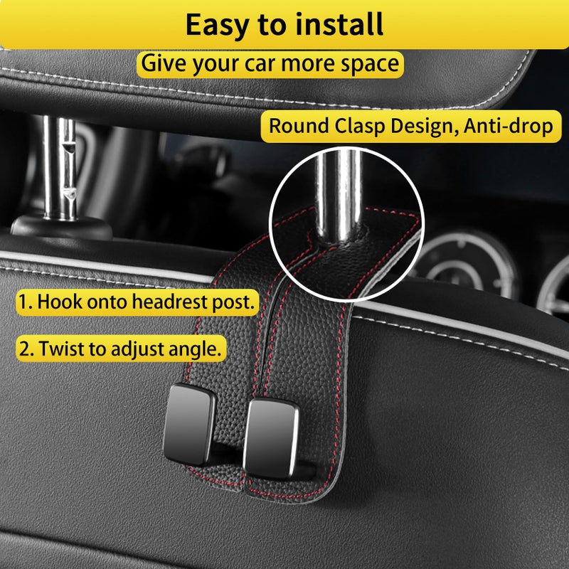 WEIHAO Car Purse Hook, Genuine Leather Car Seat Back Storage Hook, Purse Hook for Car Headrest, Twin Hook Leather Car Headrest Hangers, Bag Hook for Car, Trucks, SUVs, Most Vehicles (Black-2 PCS) - Image 5