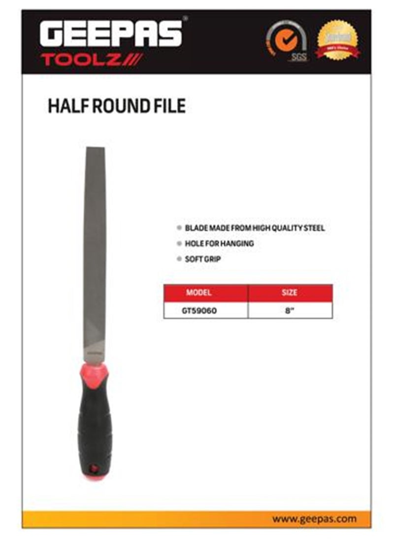 GEEPAS - Geepas 8" Half Round File | High-Quality Steel | Ergonomic Rubber Handle | Ideal for Wood, Metal, and Plastic | Model GT59060 - Image 1
