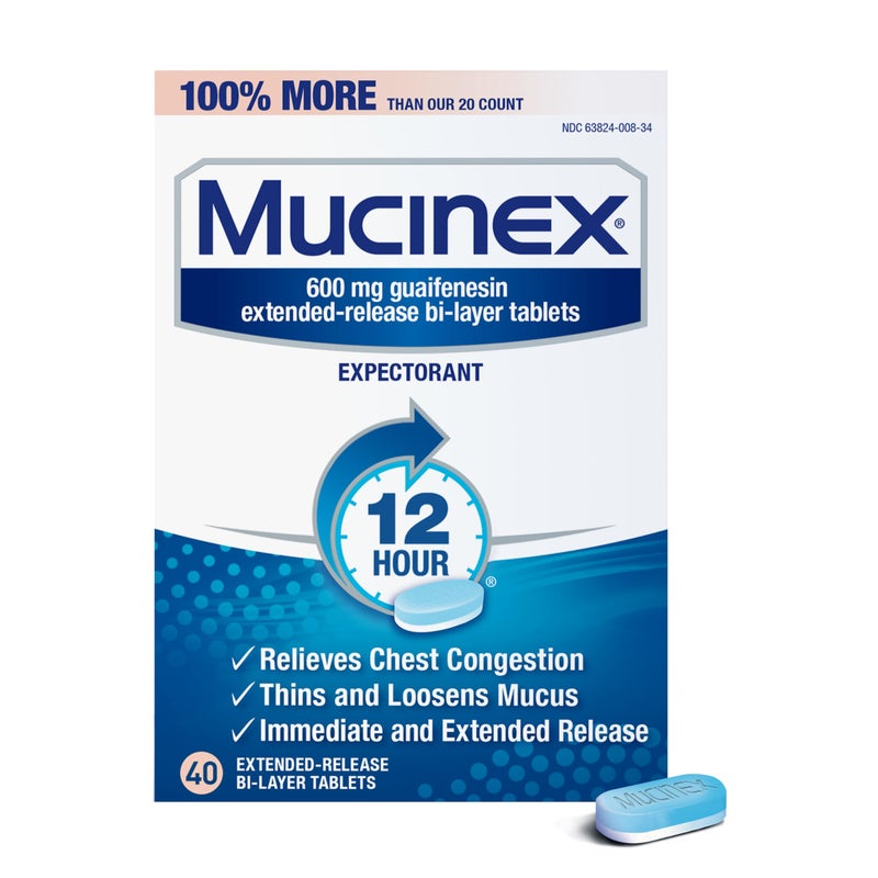 MUCINEX أقراص موسينكس 600 ملغ جوايفينيسين للإفراز الممتد لمدة 12 ساعة لتخفيف المخاط الزائد، مساعدات طرد المخاط، تخفيف احتقان الصدر، 40 قرص ذو طبقتين - Image 1
