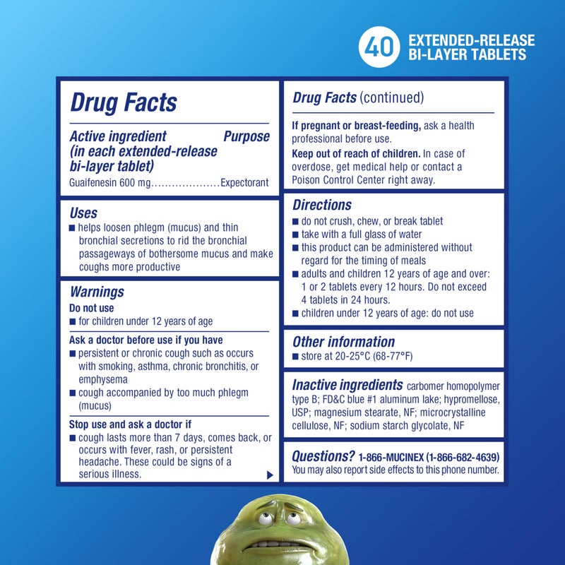 MUCINEX أقراص موسينكس 600 ملغ جوايفينيسين للإفراز الممتد لمدة 12 ساعة لتخفيف المخاط الزائد، مساعدات طرد المخاط، تخفيف احتقان الصدر، 40 قرص ذو طبقتين - Image 3