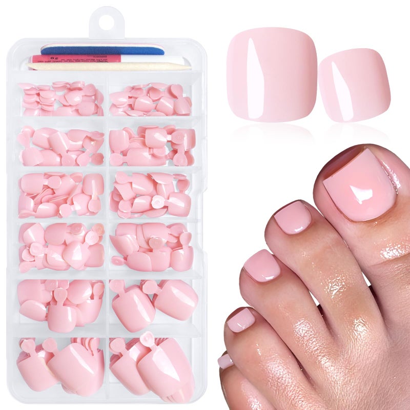 LuckForever 168pc Press on Toenails Women Fake Toe Nails with Glue Tab, Light Pink Fake Toenails Press on Nail Short Square Toe Nails Press ons Glue Toenail Feet False Artificial Acrylic Toe Nail Tip - Image 1