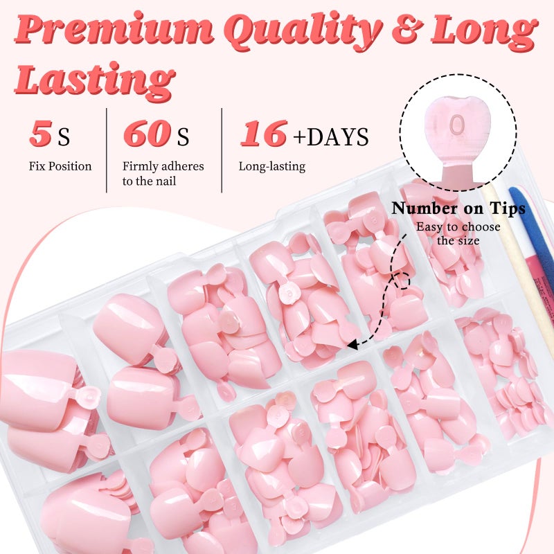 LuckForever 168pc Press on Toenails Women Fake Toe Nails with Glue Tab, Light Pink Fake Toenails Press on Nail Short Square Toe Nails Press ons Glue Toenail Feet False Artificial Acrylic Toe Nail Tip - Image 3