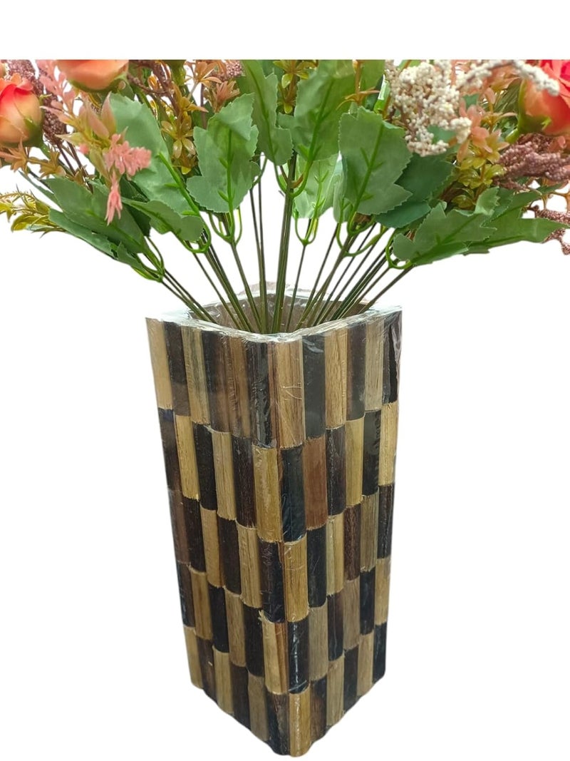DN Enterprises DN Enterprises 12 Inches Wooden Vase Square Patteren Designer Decorative Flower Pot Long Size Wood Flower Pot 1Pc Brown 