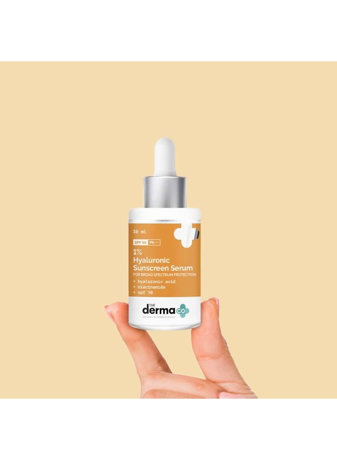 THE derma Co 1% Hyaluronic Acid Sunscreen Serum with SPF 50 & PA+++ | Gives Broad Spectrum Protection & Helps Skin Glow | Lightweight & Non-Greasy Formula | 1.01 Fl Oz/30ml - Image 2