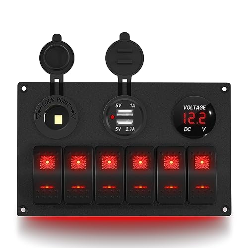 DaierTek 6 Gang Rocker Switch Panel 12V Marine Switch Panel Waterproof Red LED 5 Pin Marine Rocker Toggle Switch Panel with USB Cigarette Lighter Socket Voltmeter for Boat Automotive Car - Image 1