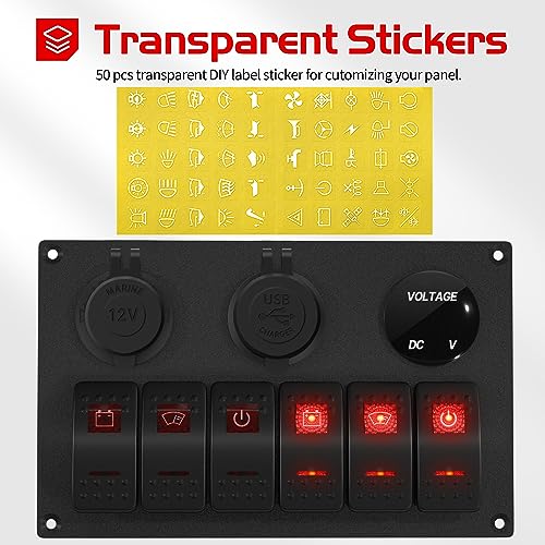 DaierTek 6 Gang Rocker Switch Panel 12V Marine Switch Panel Waterproof Red LED 5 Pin Marine Rocker Toggle Switch Panel with USB Cigarette Lighter Socket Voltmeter for Boat Automotive Car - Image 5