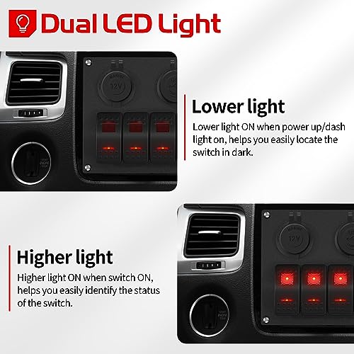 DaierTek 6 Gang Rocker Switch Panel 12V Marine Switch Panel Waterproof Red LED 5 Pin Marine Rocker Toggle Switch Panel with USB Cigarette Lighter Socket Voltmeter for Boat Automotive Car - Image 3