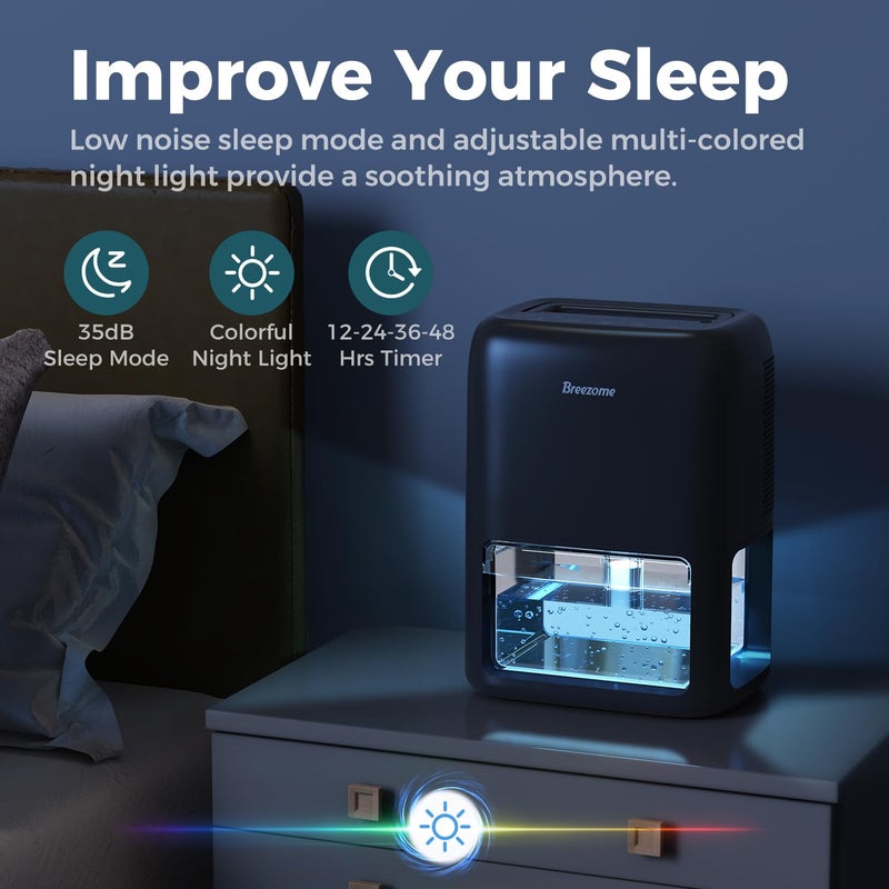 BREEZOME 60 OZ Dehumidifiers for Home, Dual-Semiconductor Quiet Dehumidifier with Timer Auto-Off Sleep Mode 7 Colors Light Portable Small Dehumidifiers for Bathroom, Cloakroom, RV, Black - Image 4