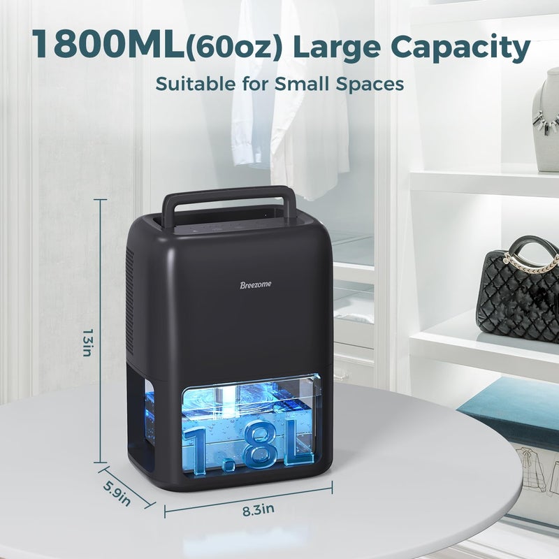 BREEZOME 60 OZ Dehumidifiers for Home, Dual-Semiconductor Quiet Dehumidifier with Timer Auto-Off Sleep Mode 7 Colors Light Portable Small Dehumidifiers for Bathroom, Cloakroom, RV, Black - Image 5