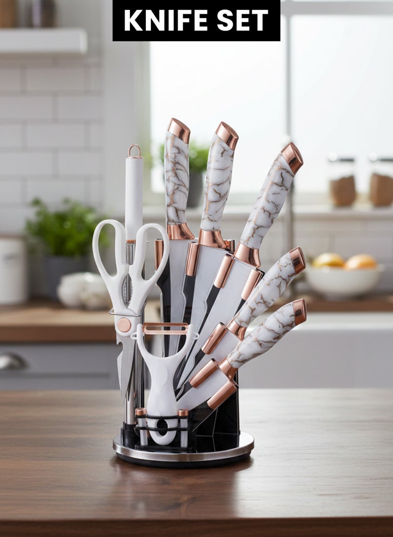 MarkedOne 9-Piece Kitchen Knife Set with Acrylic Block and Sharpener, Stainless Steel Non-Stick Coated, Rustproof Rotary Knife Block for Home and Kitchen - Essential Kitchen Knife Set - Image 1