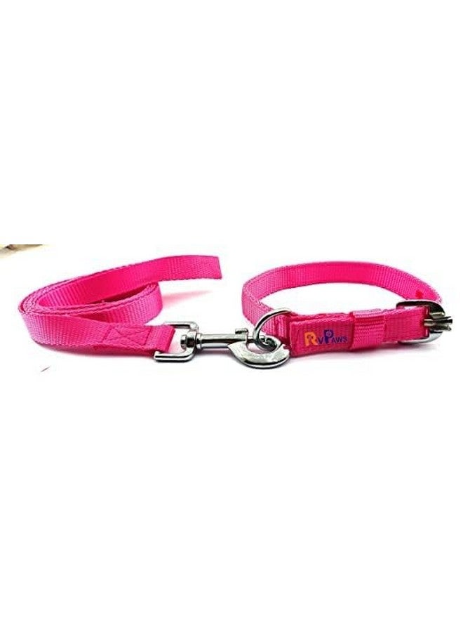 Pet Adjustable & Durable 22Mm Nylon Soft Strip Pattern Collar And Leash With Heavy Hook Set Ideal For Training And Outdoor Walking Dog And Puppies (Pink)