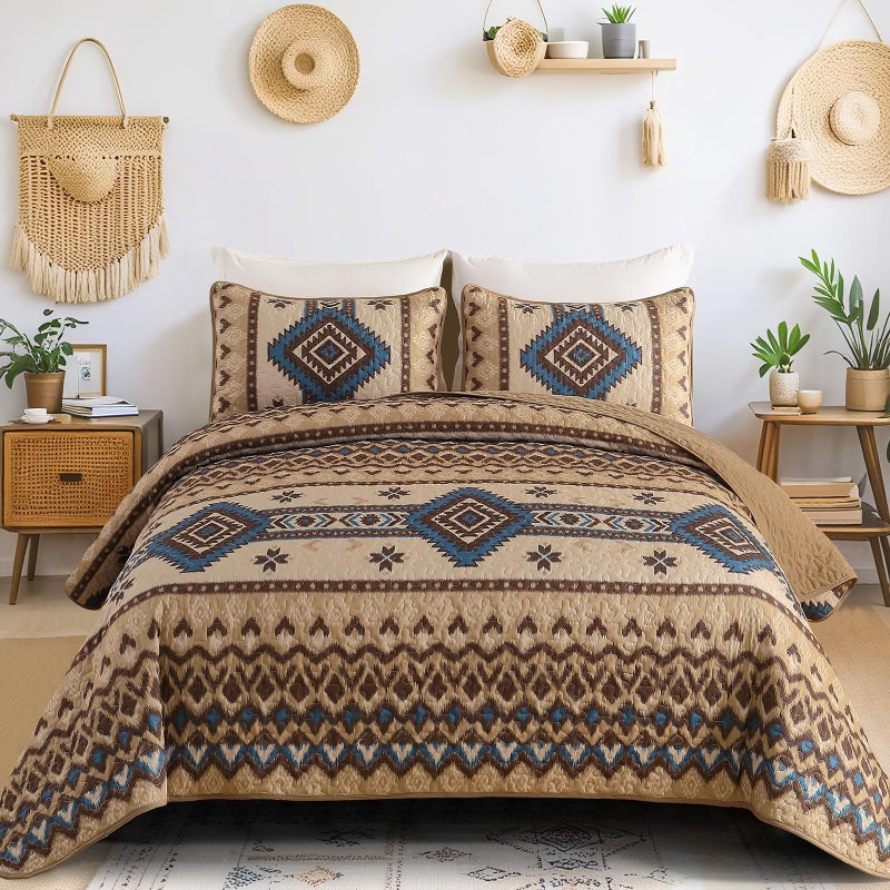 Dintszyayue Brown Boho Quilt Set Queenï¼Œ3 Pieces Aztec Texture Bedspread Southwestern Coverlet Set Soft Lightweight Bed Cover for All Season Microfiber Bedding with 2 Pillowcases(Brown,96"x90") - Image 1