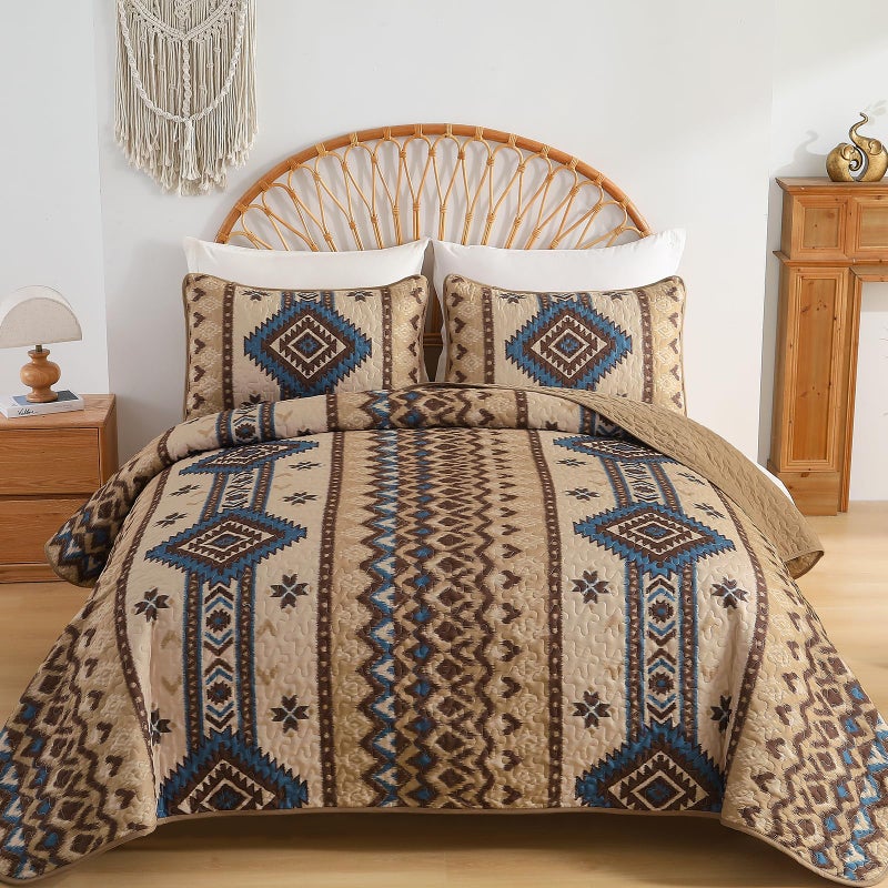 Dintszyayue Brown Boho Quilt Set Queenï¼Œ3 Pieces Aztec Texture Bedspread Southwestern Coverlet Set Soft Lightweight Bed Cover for All Season Microfiber Bedding with 2 Pillowcases(Brown,96"x90") - Image 4