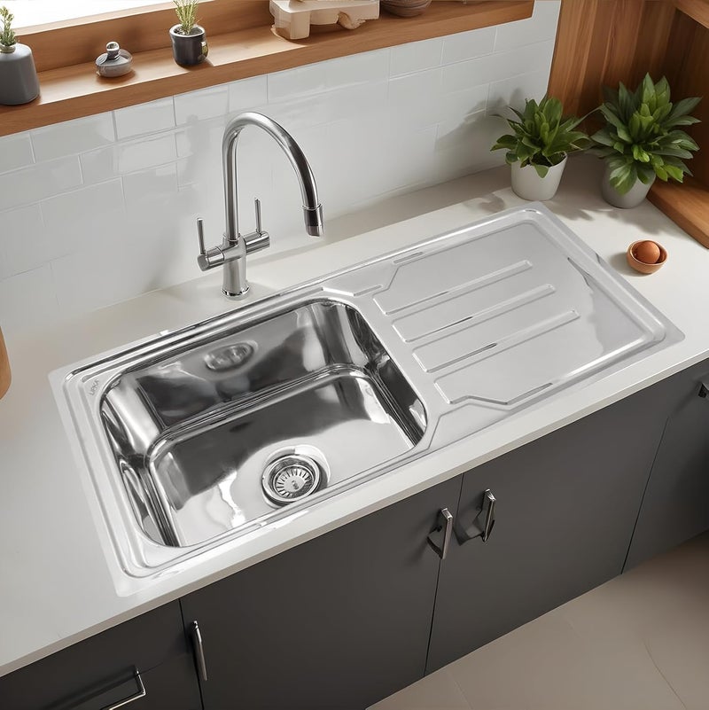 LIPKA 42 x 20 x 9 Inches Square Single Bowl Kitchen Sink with Drainboard 304Grade Stainless Steel Kitchen Sink Glossy Finish with Waste Pipe Sink Coupling - Image 1