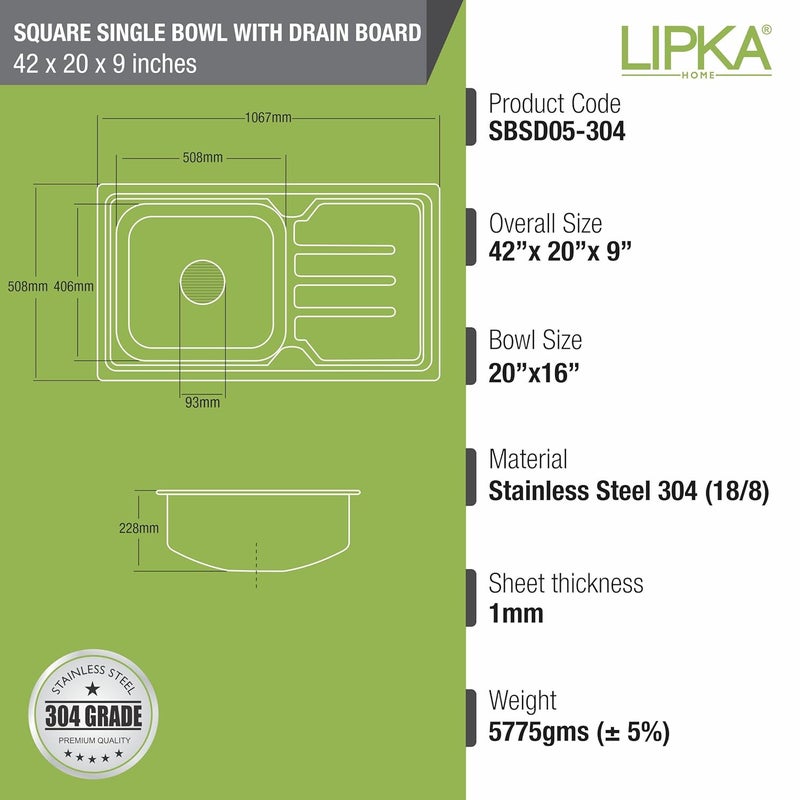 LIPKA 42 x 20 x 9 Inches Square Single Bowl Kitchen Sink with Drainboard 304Grade Stainless Steel Kitchen Sink Glossy Finish with Waste Pipe Sink Coupling - Image 2