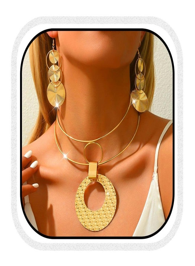 CLOACE Gold Necklace Set Round Pendant Choker Necklaces Earrings Statement Big Jewelry Accessories for Women (Gold) - Image 1