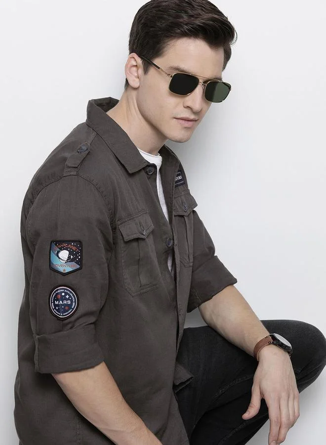 The Indian Garage Co Green Men Olive Green Military Shirt with Patches for Men | Best Price UAE