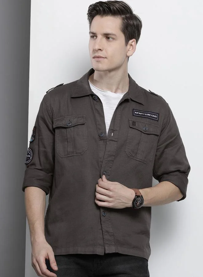The Indian Garage Co Men Olive Green Military Shirt with Patches