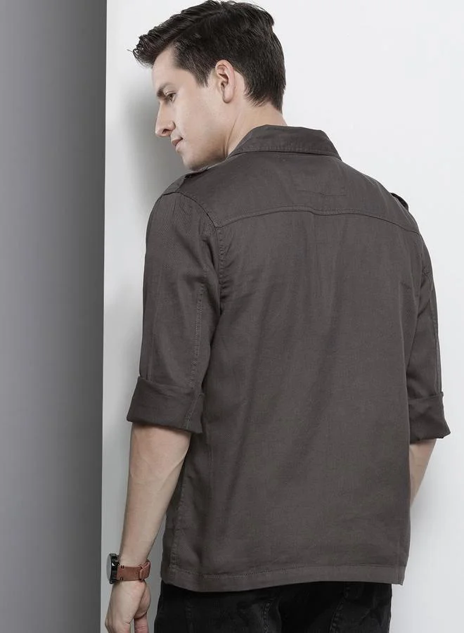 The Indian Garage Co Green Men Olive Green Military Shirt with Patches for Men | Best Price UAE