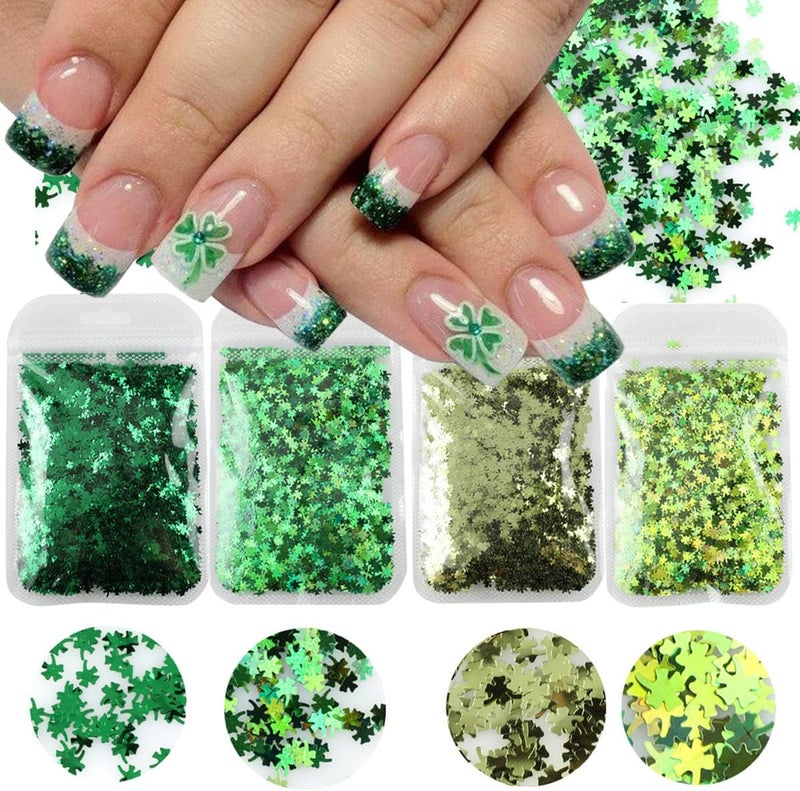 KZBTRBT 4 Bags Shamrock Nail Glitter Sequins St Patricks Day Nail Art Stickers Decals Holographic Irish Clover Glitters Flakes Ultra-Thin Shamrock Nail Art Glitters Manicure Tips Accessories Decorations 