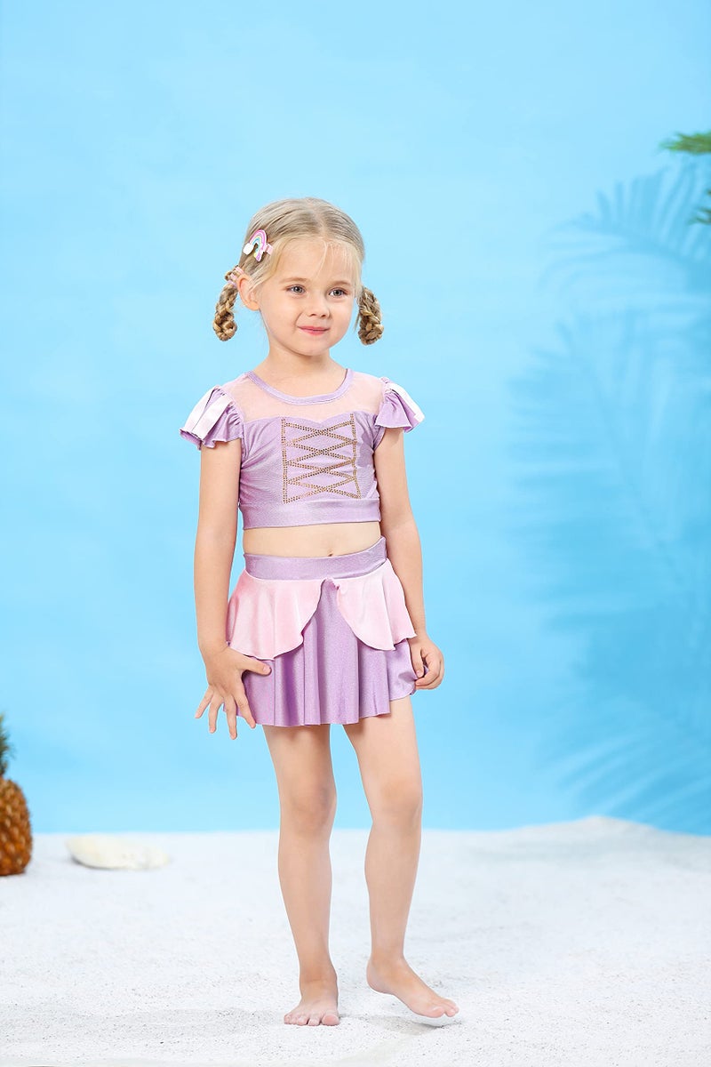 WonderBabe Toddler Girls Swimsuit Short Ruffles Sleeve Princess Two Piece Bathing Suit Kids Birthday Swimming Party Bathing Suits Fancy Swimwear Size 3-4t Purple - Image 2